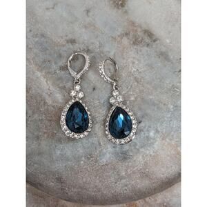 Givenchy Silver Tone Pave Crystal Drop Earring with Blue Glass Stone